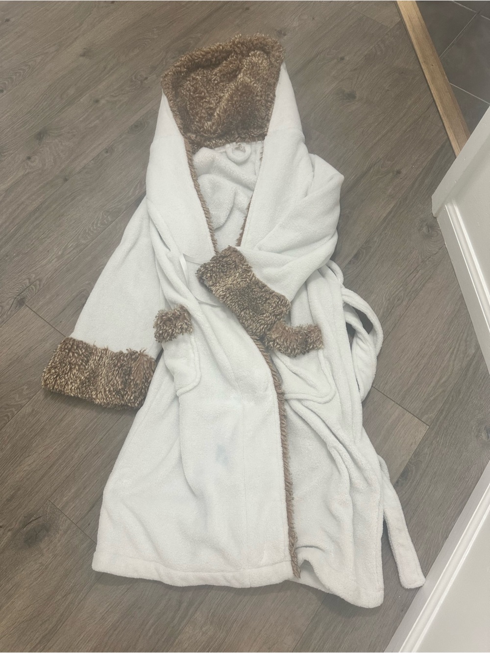 Pottery Barm Hooded Fleece Robe with Brown faux fur Trim